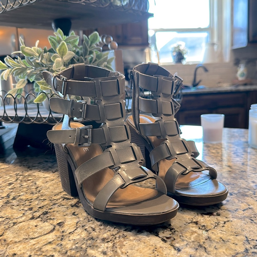 Rampage brownish grey heels with zipper closure.